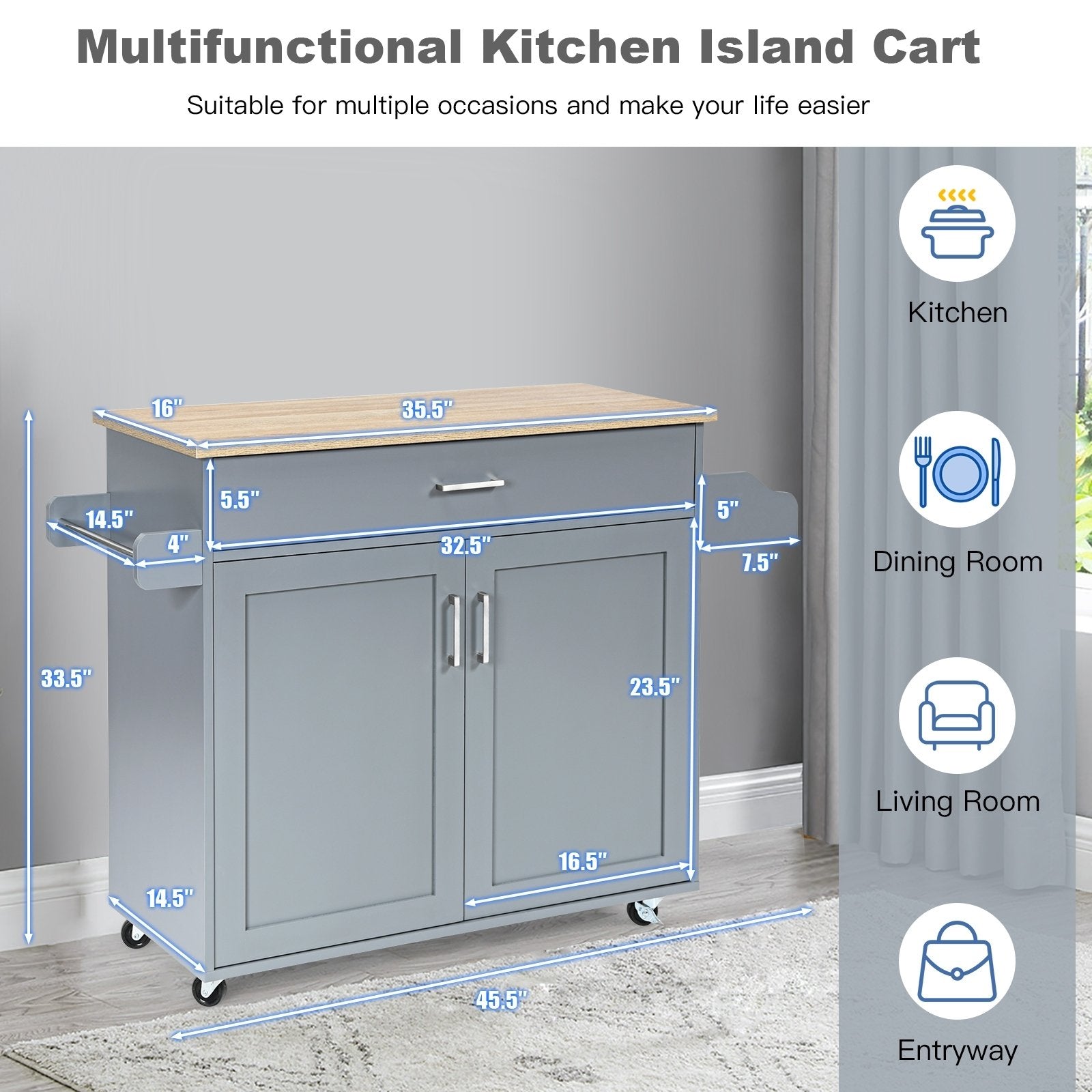 Rolling Kitchen Island Cart with Towel and Spice Rack, Gray Kitchen Islands & Carts   at Gallery Canada