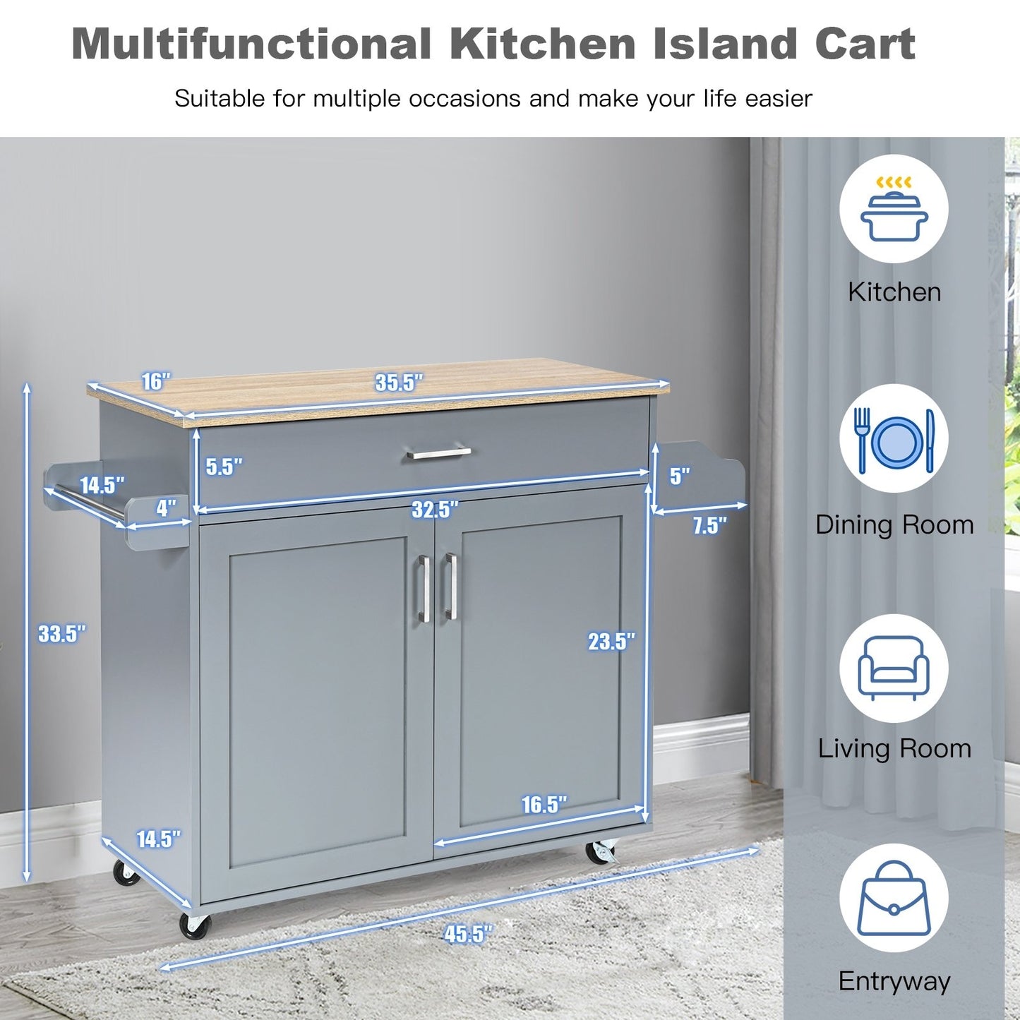 Rolling Kitchen Island Cart with Towel and Spice Rack, Gray - Gallery Canada