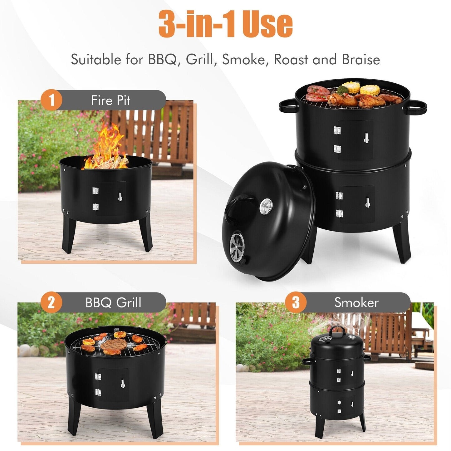 3-in-1 Charcoal BBQ Grill Cambo with Built-in Thermometer, Black - Gallery Canada