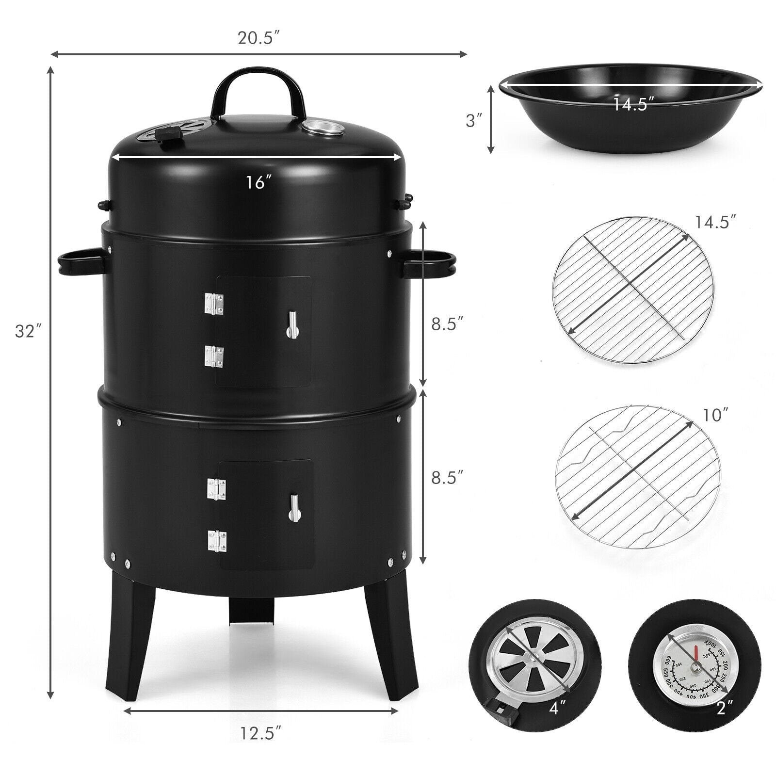 3-in-1 Charcoal BBQ Grill Cambo with Built-in Thermometer, Black Outdoor Grills   at Gallery Canada