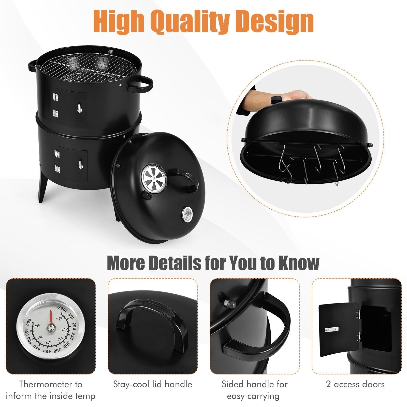 3-in-1 Charcoal BBQ Grill Cambo with Built-in Thermometer, Black - Gallery Canada