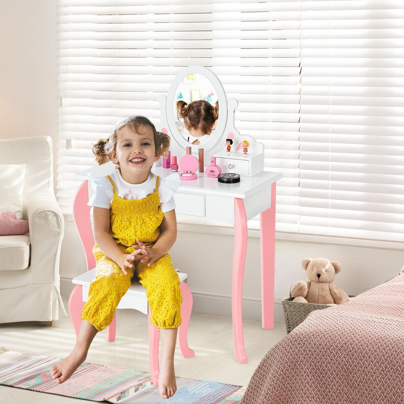 Kids Vanity Princess Makeup Dressing Table Stool Set with Mirror and Drawer, White Kids Vanities   at Gallery Canada