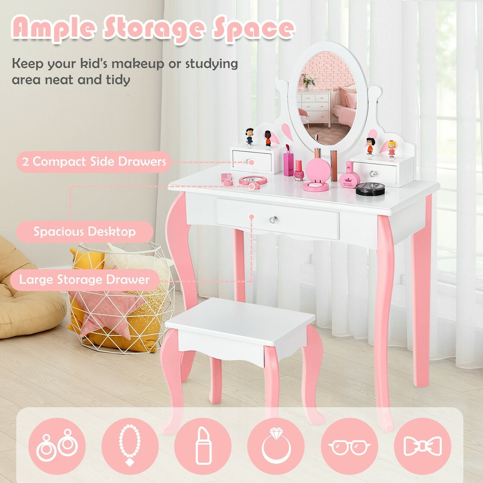 Kids Vanity Princess Makeup Dressing Table Stool Set with Mirror and Drawer, White Kids Vanities   at Gallery Canada