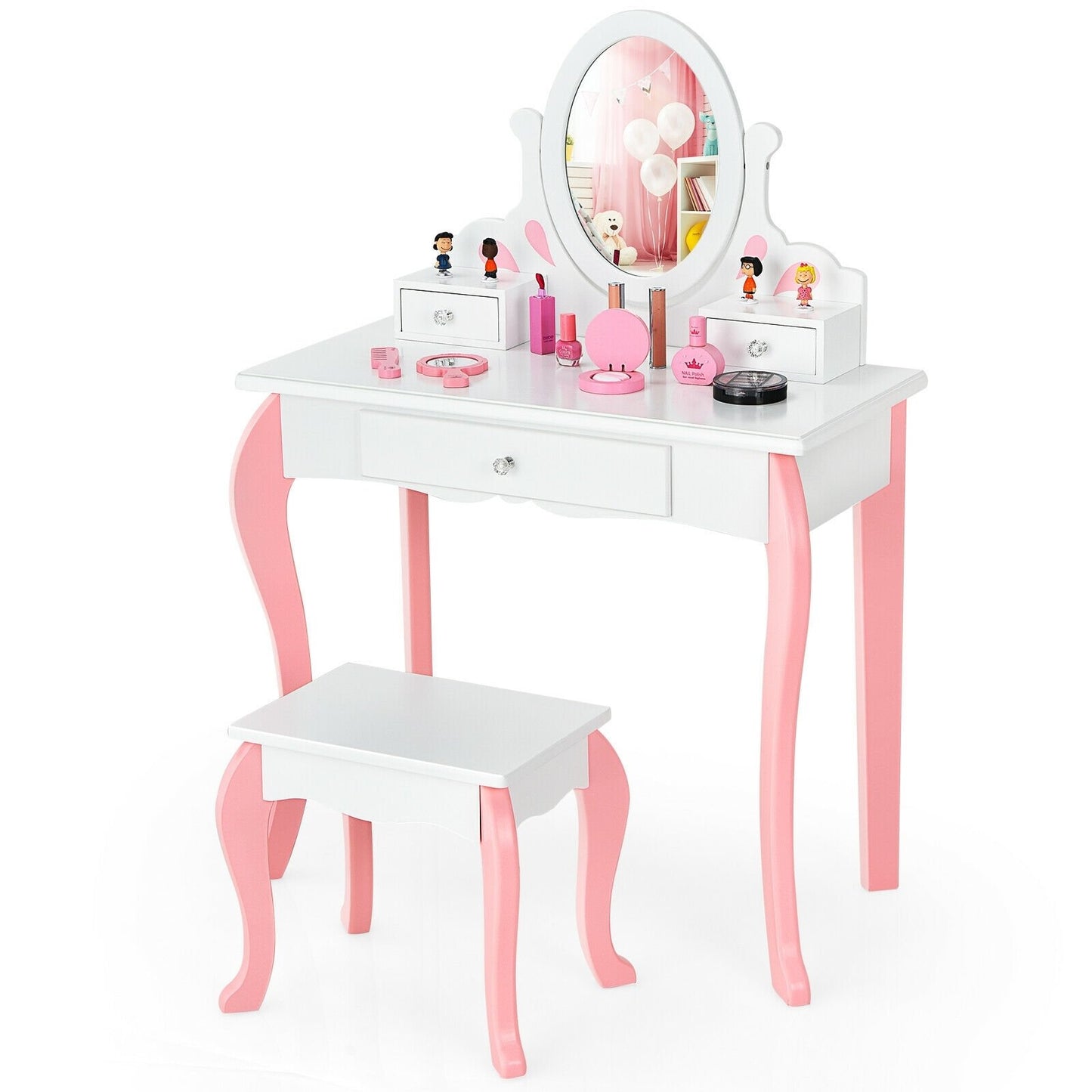 Kids Vanity Princess Makeup Dressing Table Stool Set with Mirror and Drawer, White - Gallery Canada