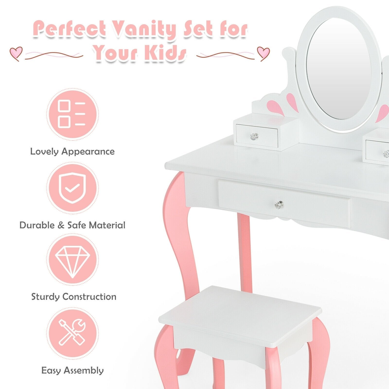 Kids Vanity Princess Makeup Dressing Table Stool Set with Mirror and Drawer, White Kids Vanities   at Gallery Canada