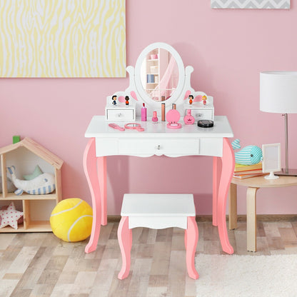 Kids Vanity Princess Makeup Dressing Table Stool Set with Mirror and Drawer, White - Gallery Canada