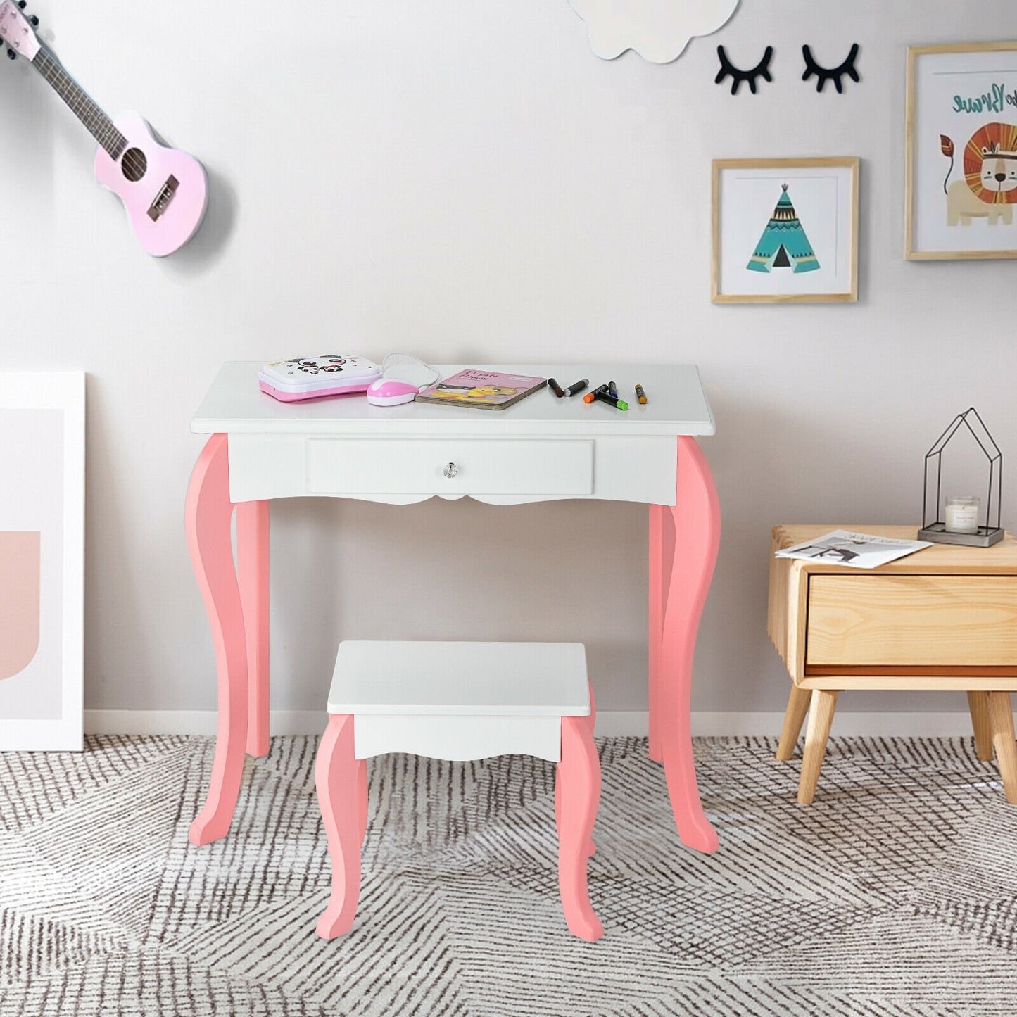 Kids Vanity Princess Makeup Dressing Table Stool Set with Mirror and Drawer, White Kids Vanities   at Gallery Canada