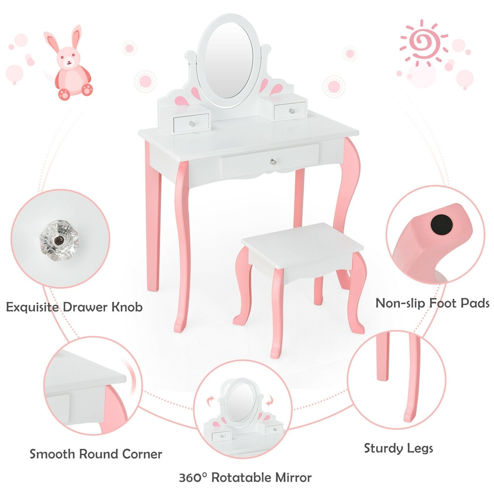 Kids Vanity Princess Makeup Dressing Table Stool Set with Mirror and Drawer, White Kids Vanities   at Gallery Canada