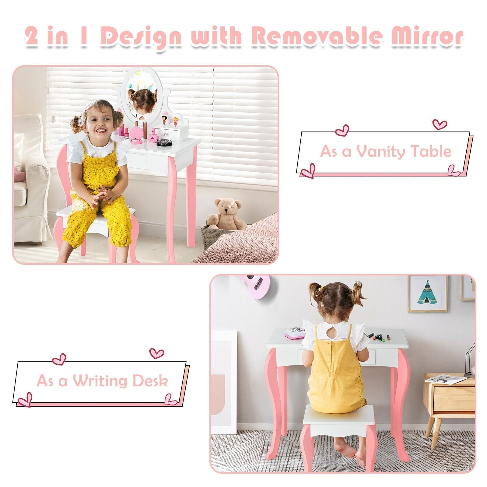 Kids Vanity Princess Makeup Dressing Table Stool Set with Mirror and Drawer, White Kids Vanities   at Gallery Canada