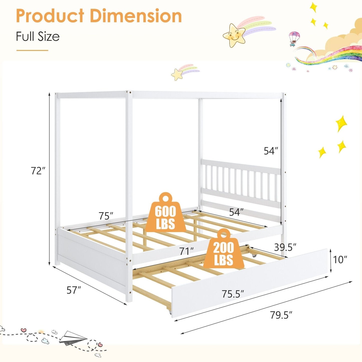 Full Size Canopy Bed with Trundle Wooden Platform Bed Frame Headboard, White - Gallery Canada