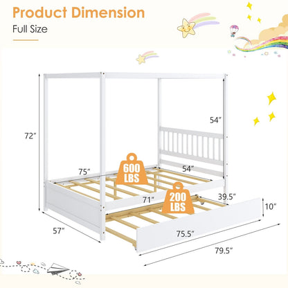 Full Size Canopy Bed with Trundle Wooden Platform Bed Frame Headboard, White Trundle Bed Frame   at Gallery Canada