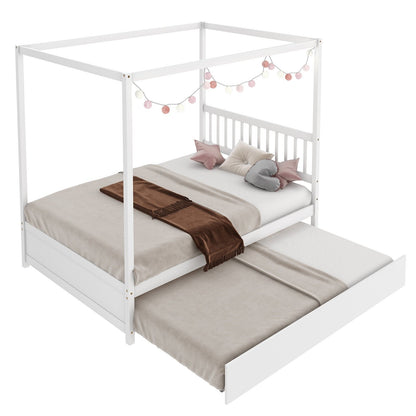 Full Size Canopy Bed with Trundle Wooden Platform Bed Frame Headboard, White - Gallery Canada