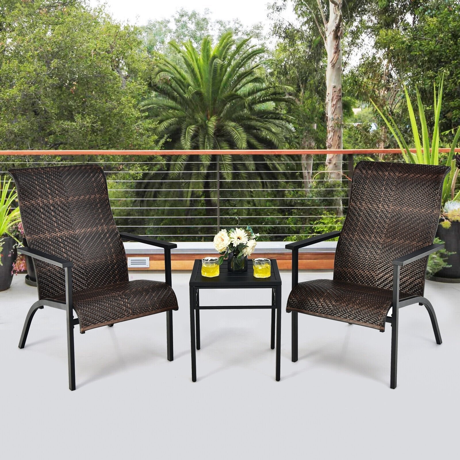 3 Pieces Patio Rattan Bistro Set with High Backrest and Armrest, Brown Patio Conversation Sets   at Gallery Canada