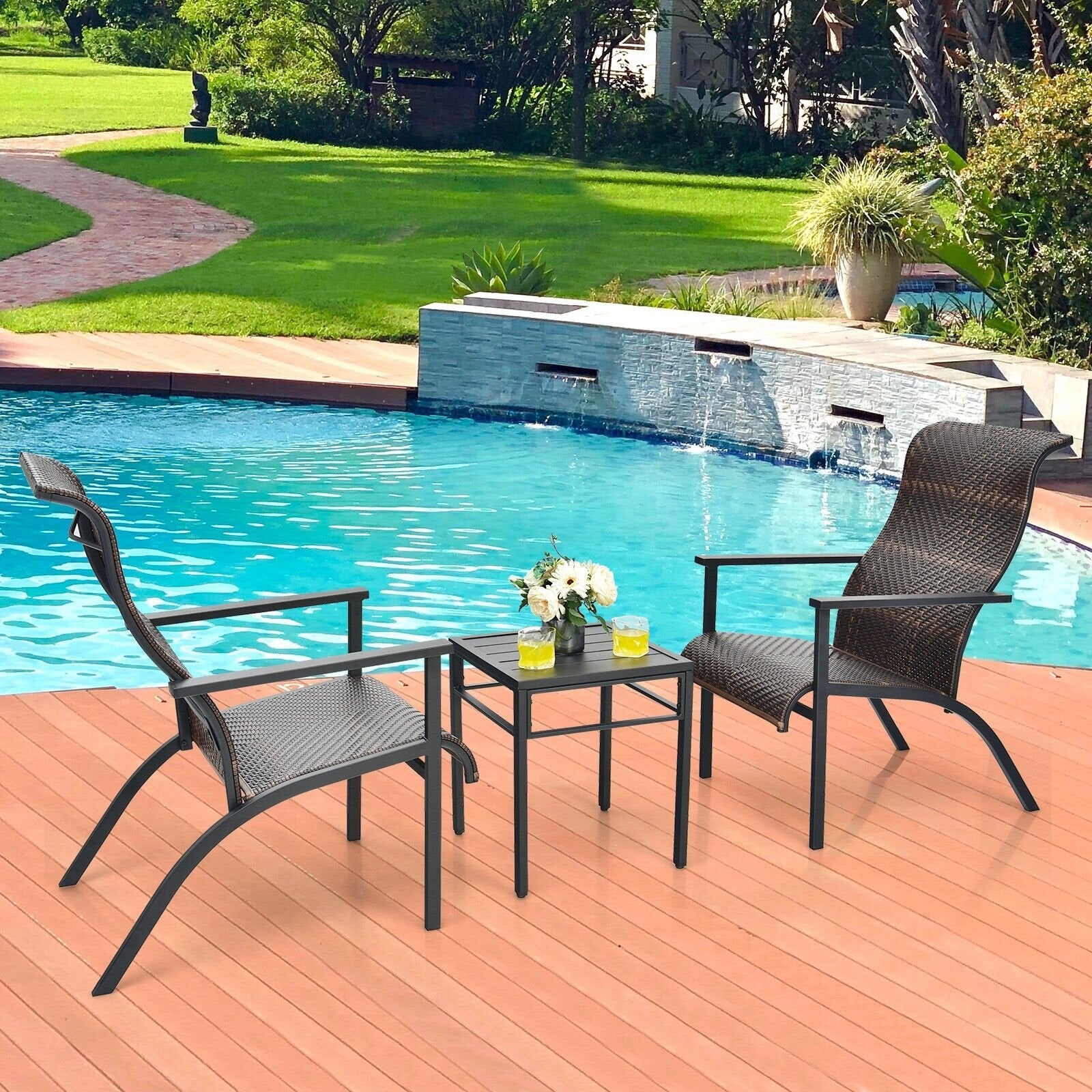 3 Pieces Patio Rattan Bistro Set with High Backrest and Armrest, Brown Patio Conversation Sets   at Gallery Canada