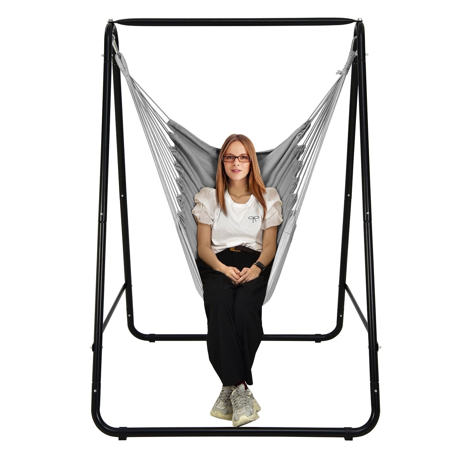 Hanging Padded Hammock Chair with Stand and Heavy Duty Steel, Gray - Gallery Canada