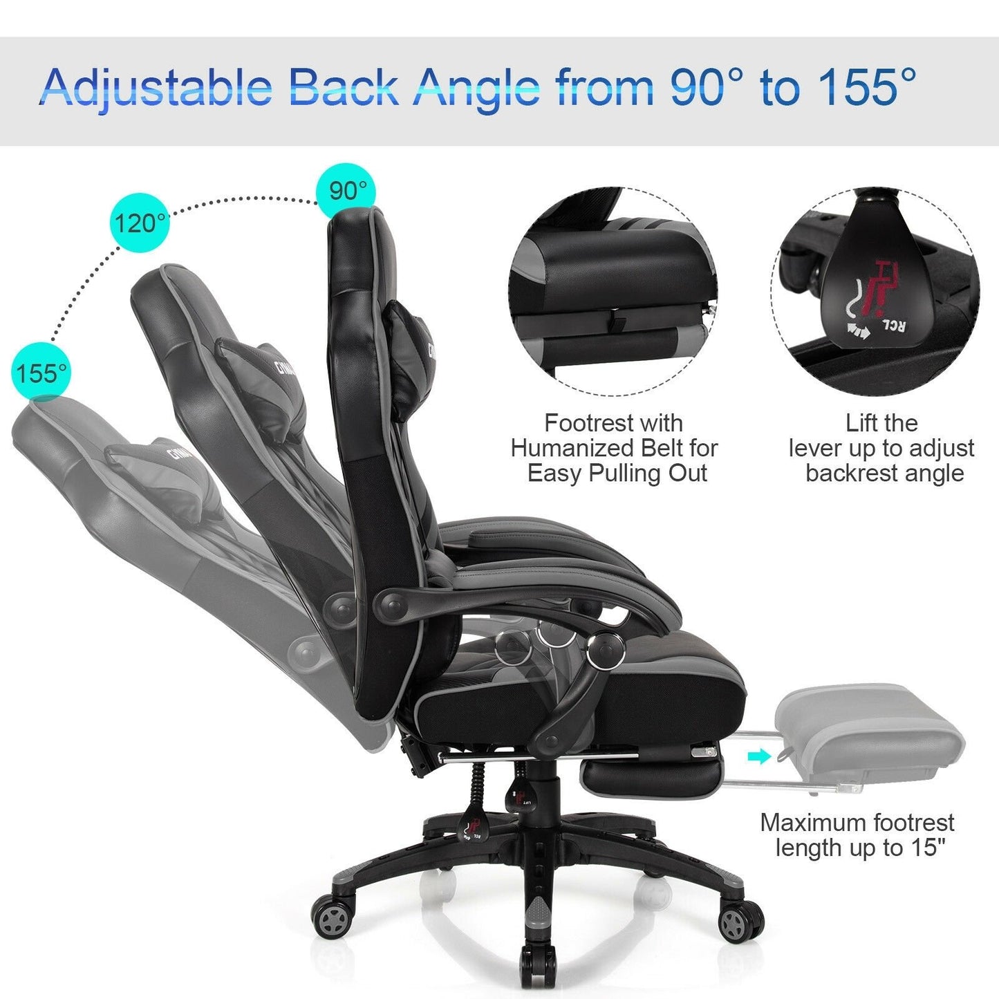 Adjustable Gaming Chair with Footrest for Home Office, Gray Gaming Chairs   at Gallery Canada