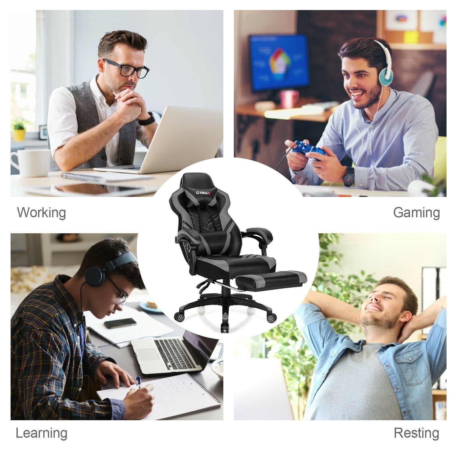 Adjustable Gaming Chair with Footrest for Home Office, Gray Gaming Chairs   at Gallery Canada