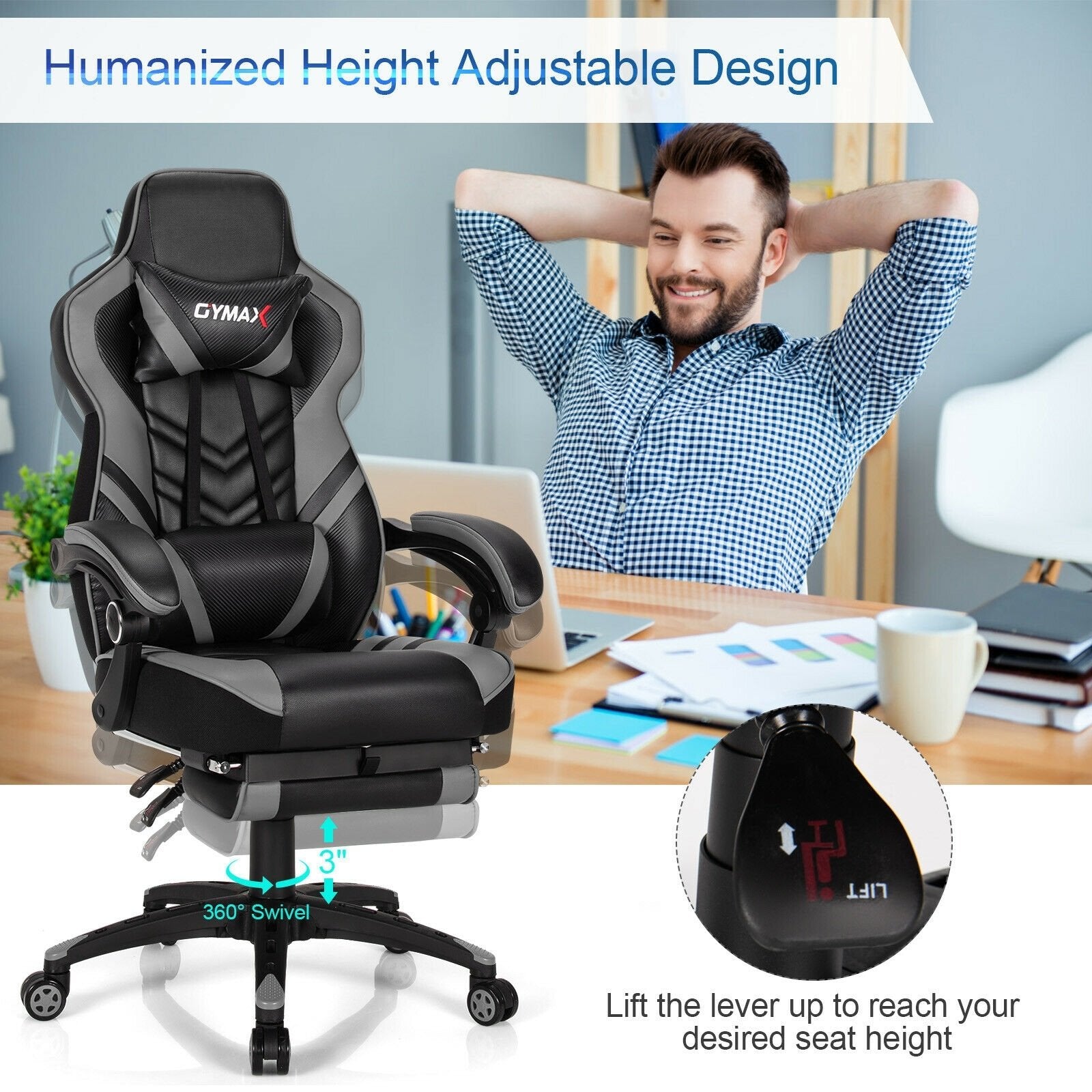 Adjustable Gaming Chair with Footrest for Home Office, Gray Gaming Chairs   at Gallery Canada