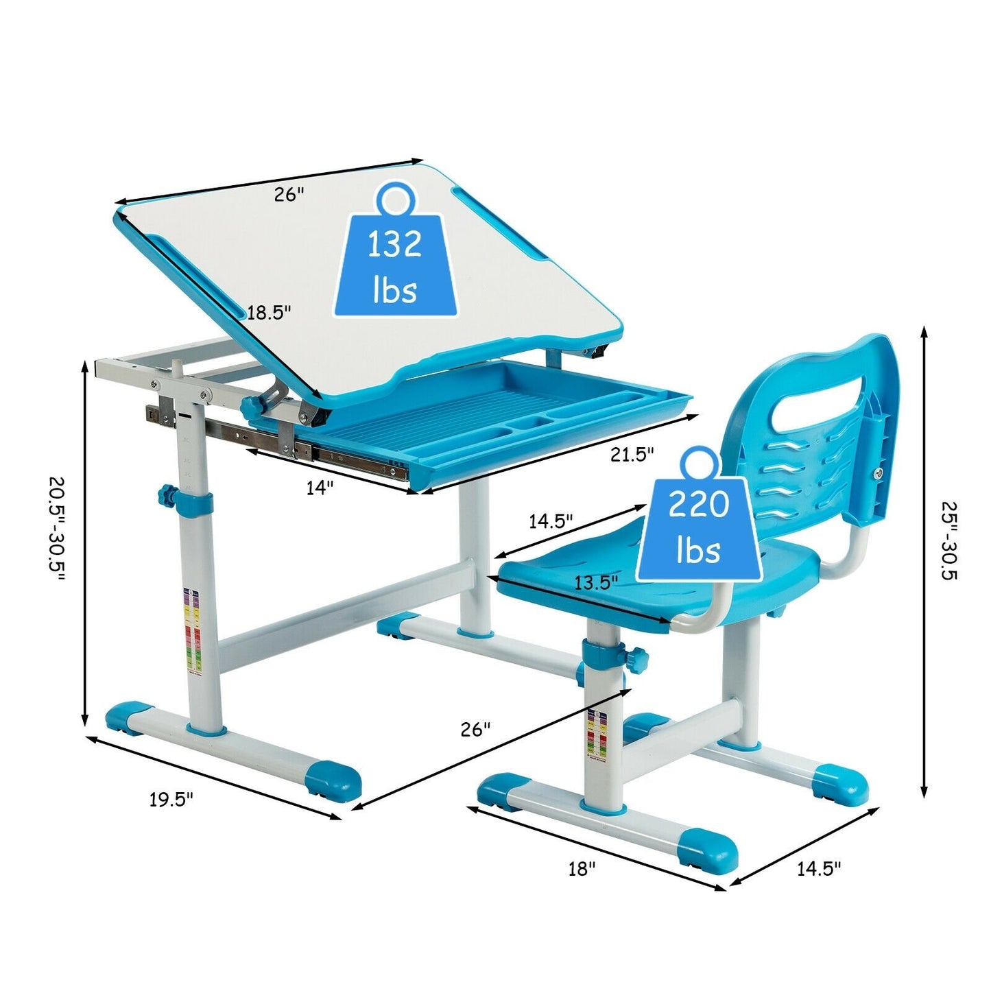 Kids Height Adjustable Desk and Chair Set with Tilted Tabletop and Drawer, Blue - Gallery Canada