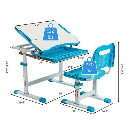 Kids Height Adjustable Desk and Chair Set with Tilted Tabletop and Drawer, Blue - Gallery Canada