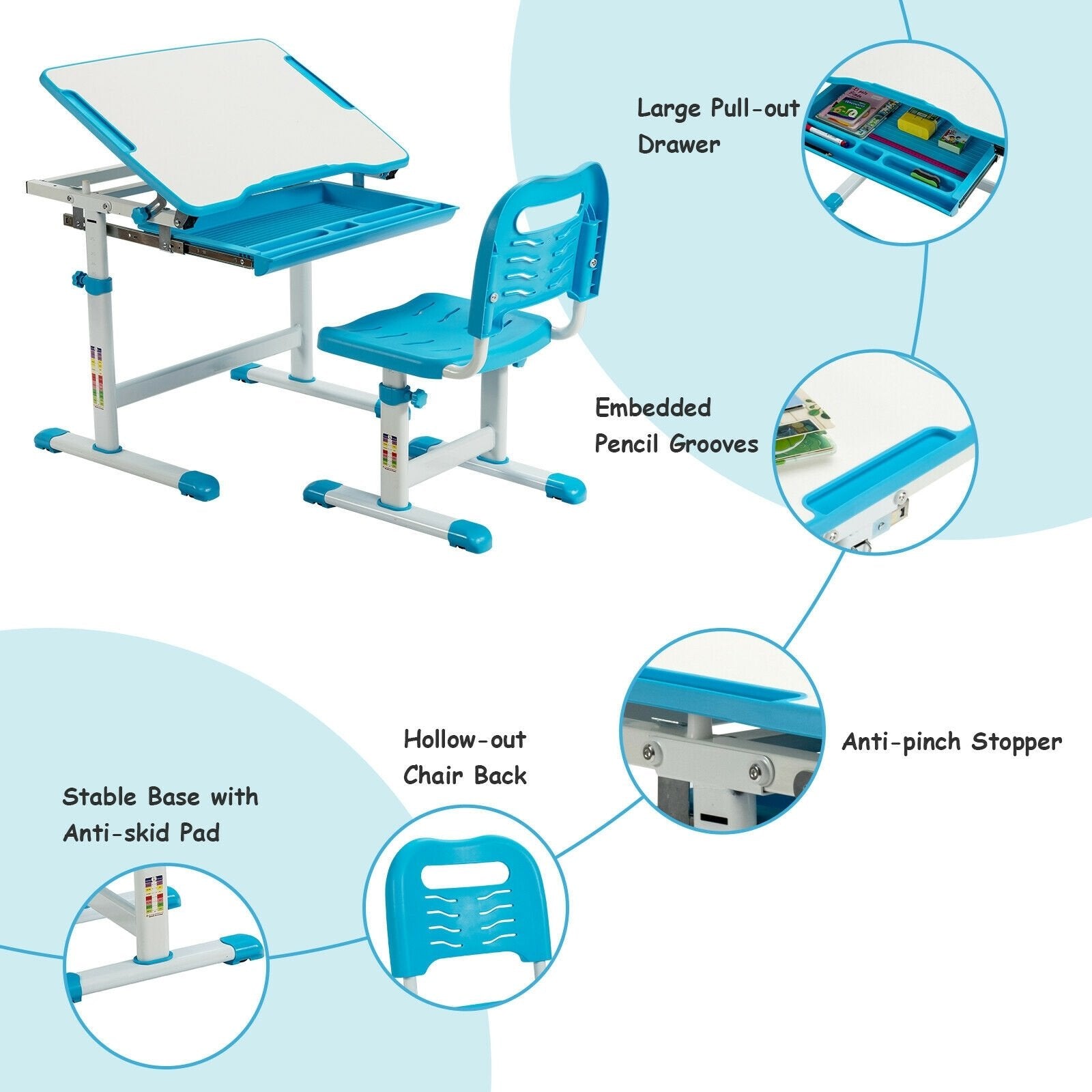 Kids Height Adjustable Desk and Chair Set with Tilted Tabletop and Drawer, Blue - Gallery Canada