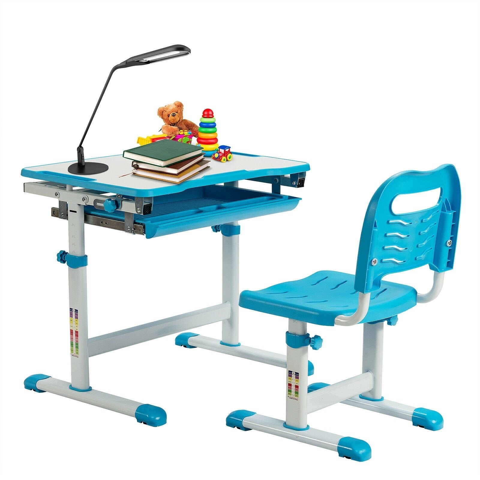 Kids Height Adjustable Desk and Chair Set with Tilted Tabletop and Drawer, Blue - Gallery Canada