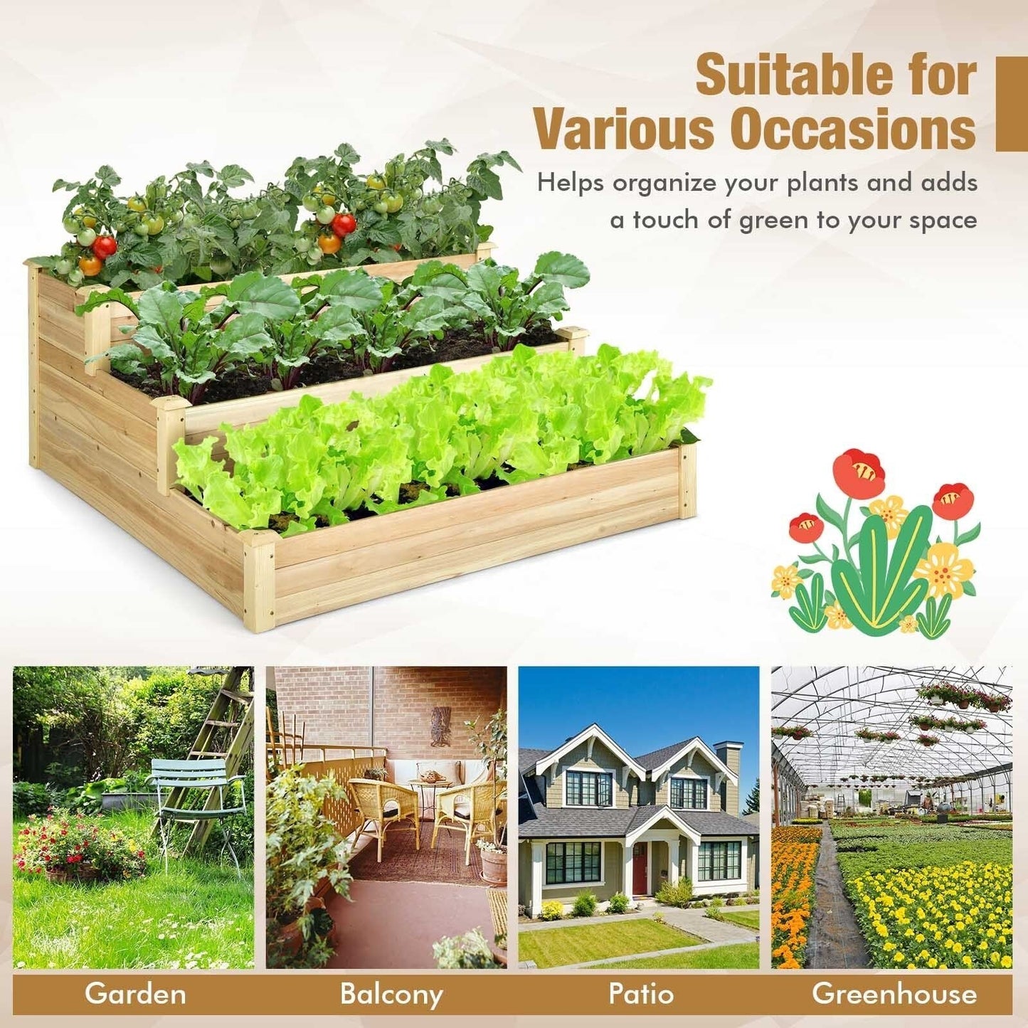 3-Tier Raised Garden Bed Wood Planter Kit for Flower Vegetable Herb, Natural Raised Garden Beds   at Gallery Canada