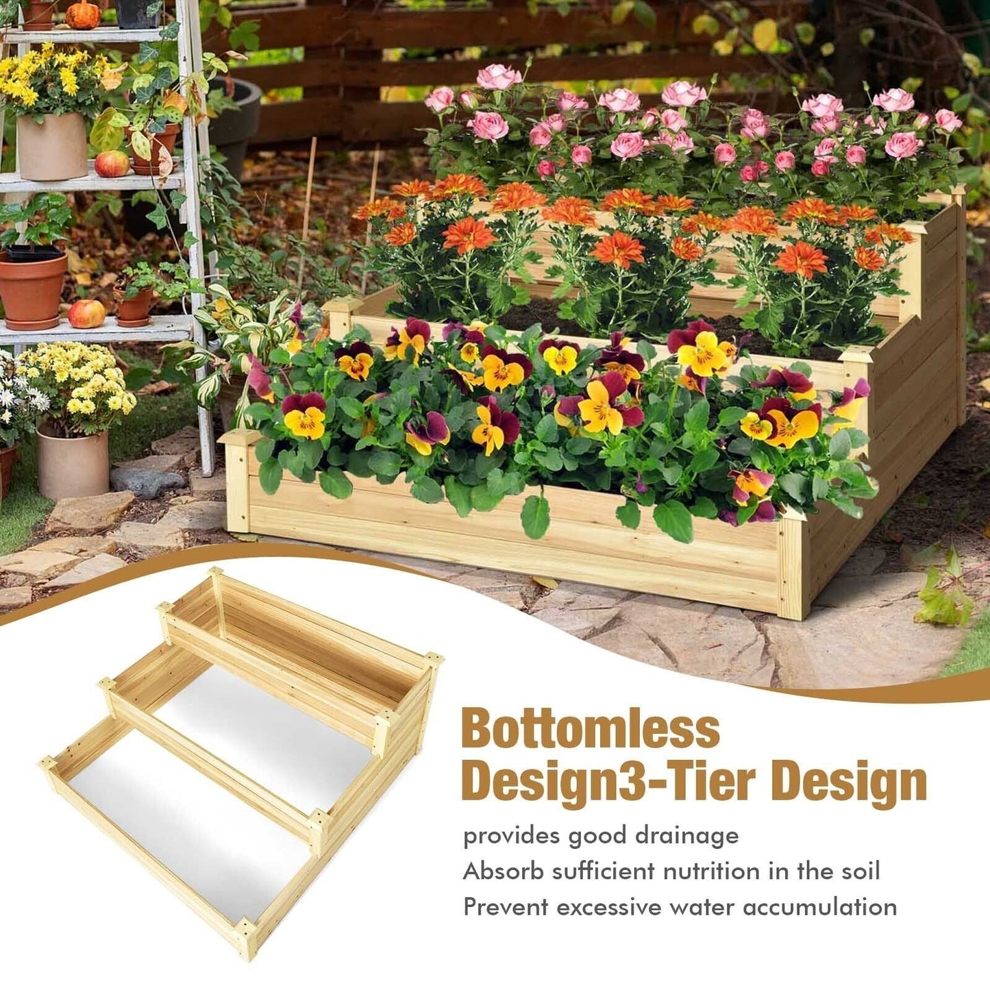 3-Tier Raised Garden Bed Wood Planter Kit for Flower Vegetable Herb, Natural Raised Garden Beds   at Gallery Canada