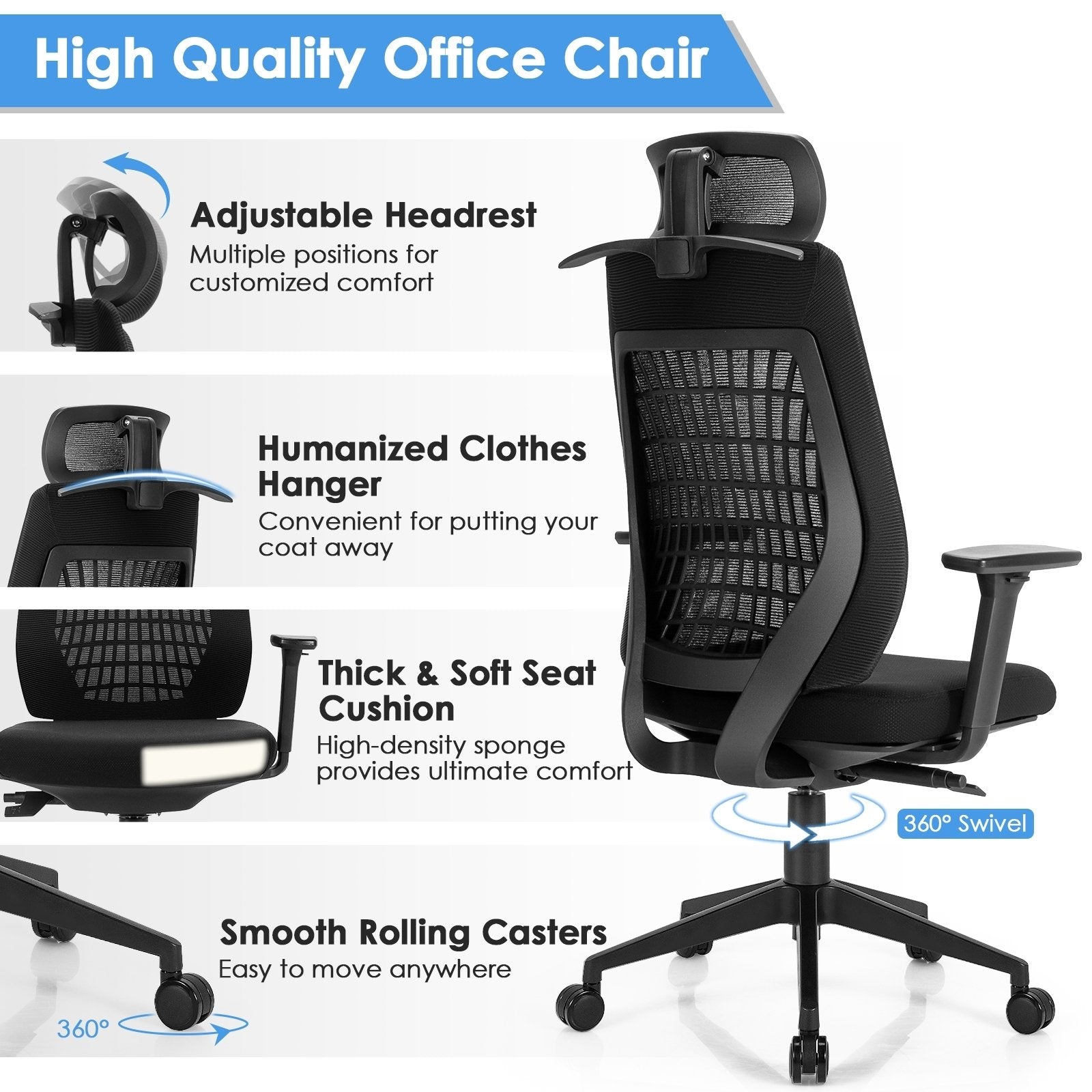 High Back Mesh Office Chair with Clothes Hanger, Black Ergonomic Chairs   at Gallery Canada