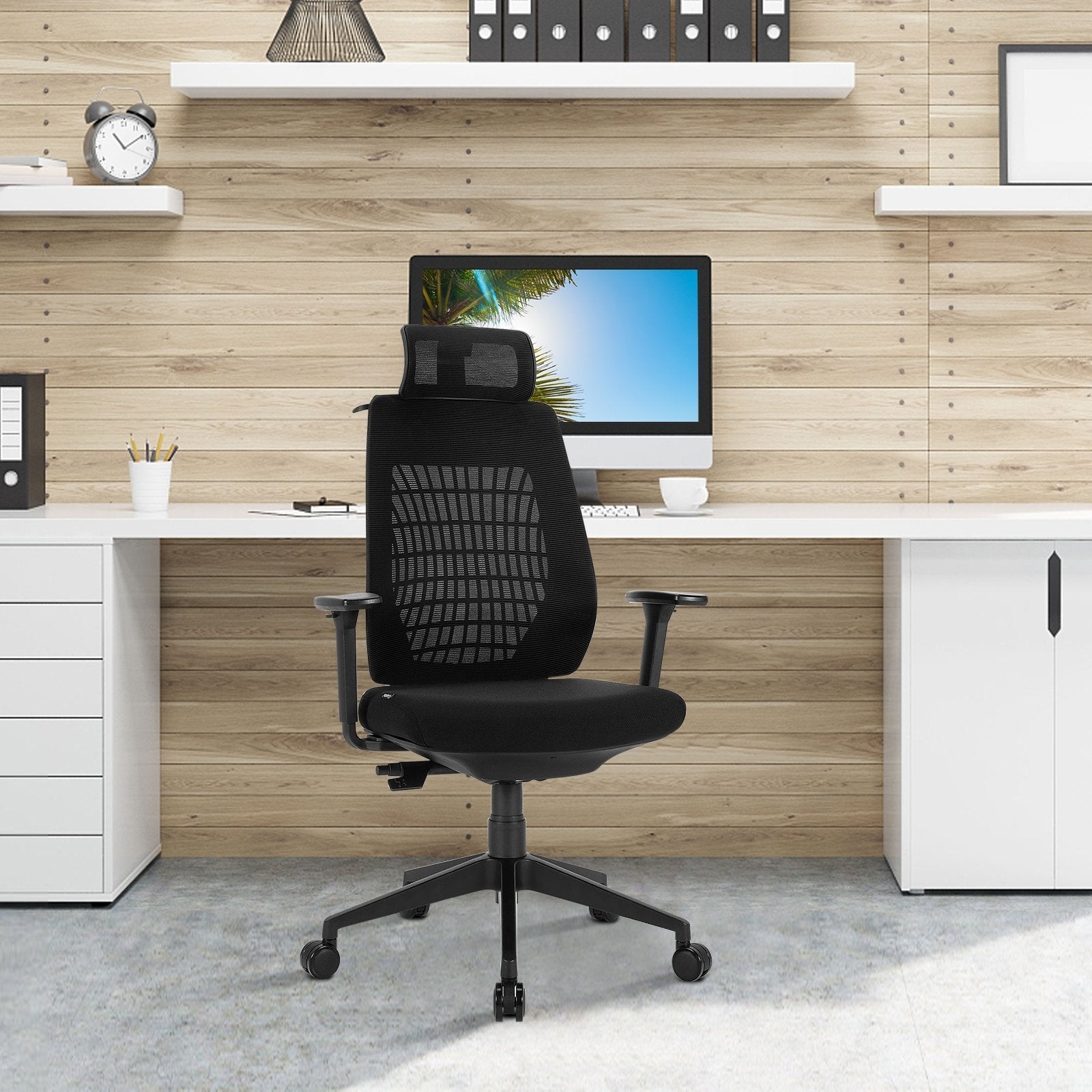 High Back Mesh Office Chair with Clothes Hanger, Black Ergonomic Chairs   at Gallery Canada