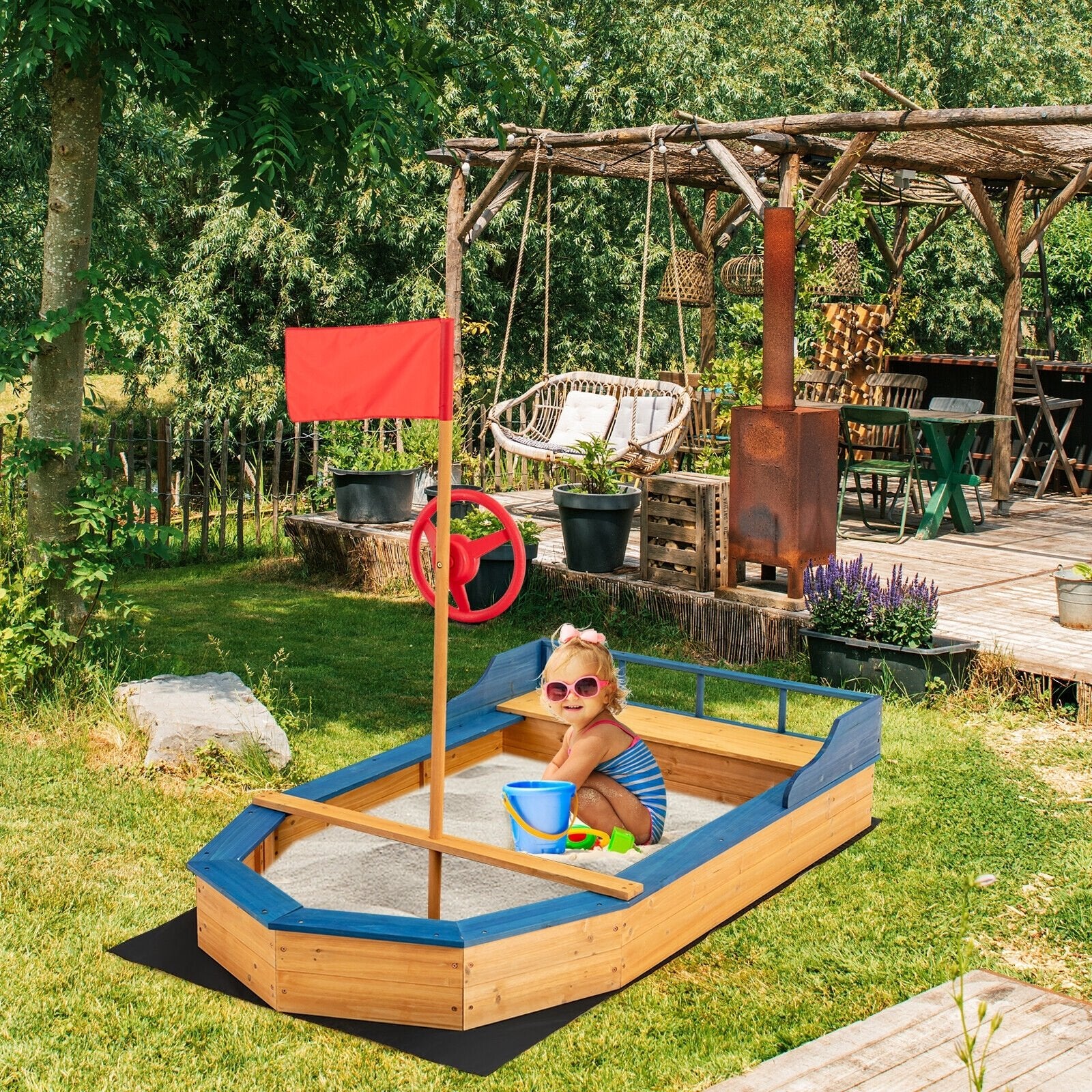 Kids' Pirate Boat Sandbox with Flag and Rudder, Natural Sandboxes   at Gallery Canada