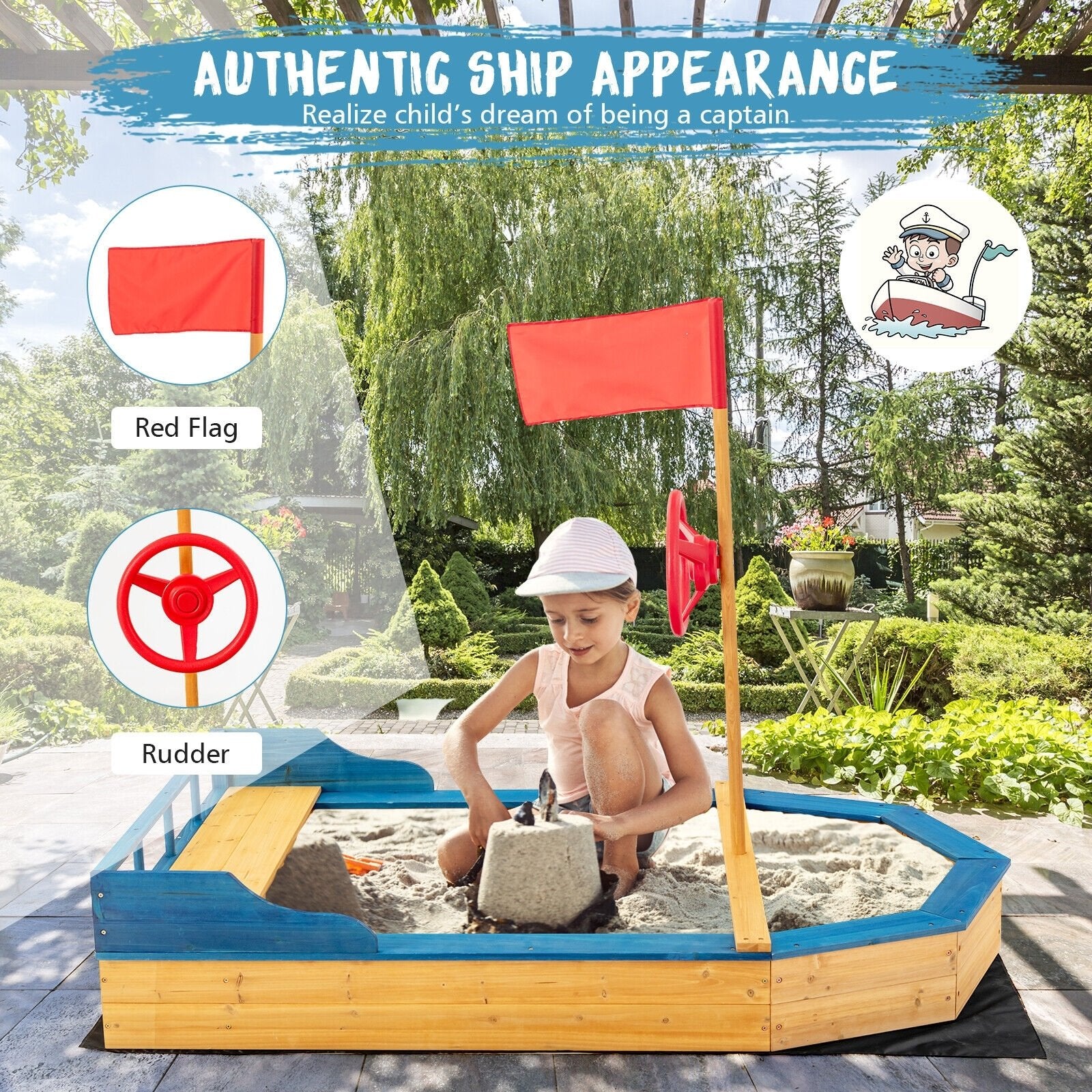 Kids' Pirate Boat Sandbox with Flag and Rudder, Natural Sandboxes   at Gallery Canada