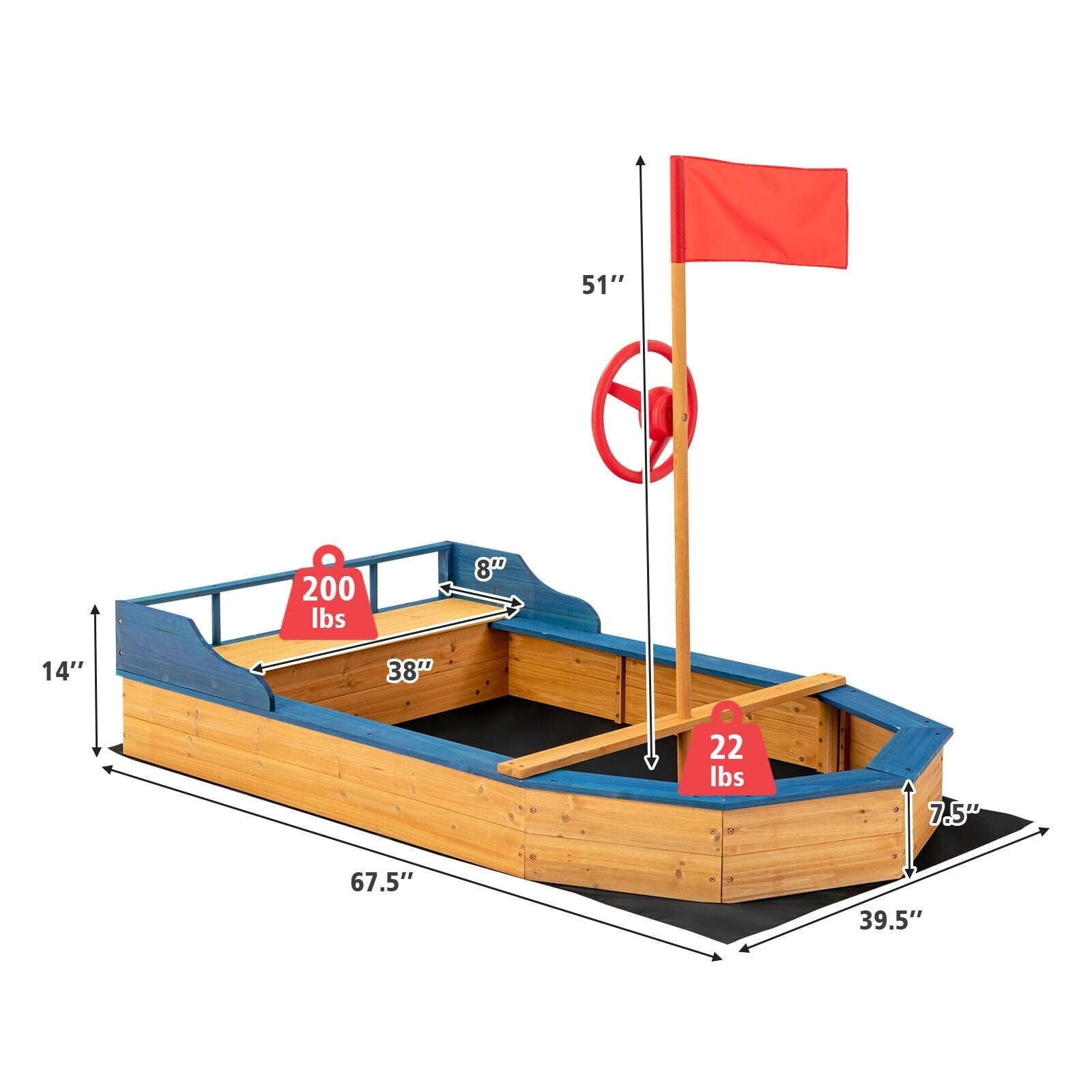 Kids' Pirate Boat Sandbox with Flag and Rudder, Natural Sandboxes   at Gallery Canada