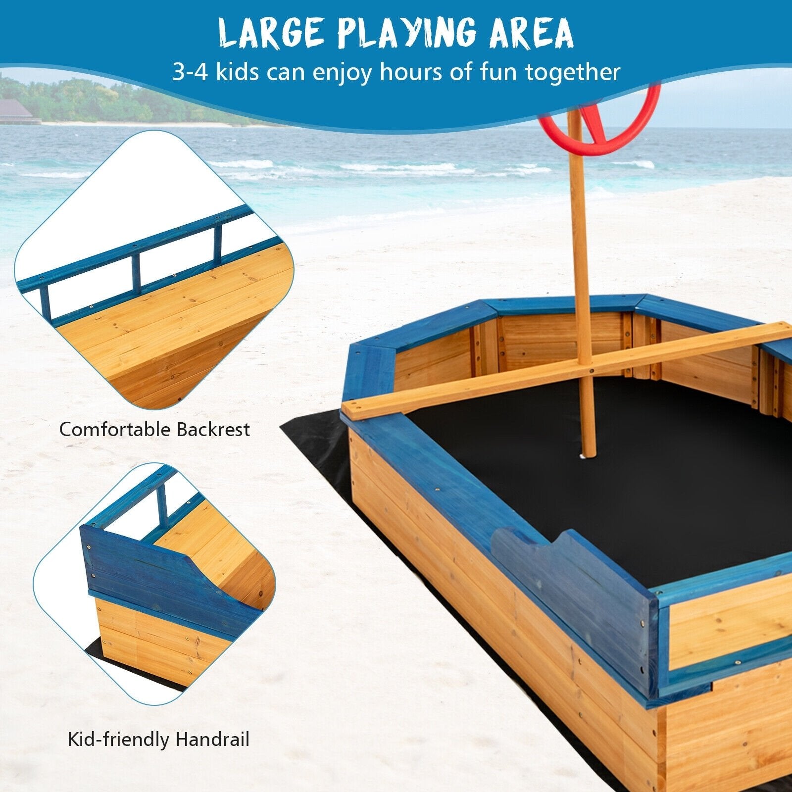 Kids' Pirate Boat Sandbox with Flag and Rudder, Natural Sandboxes   at Gallery Canada