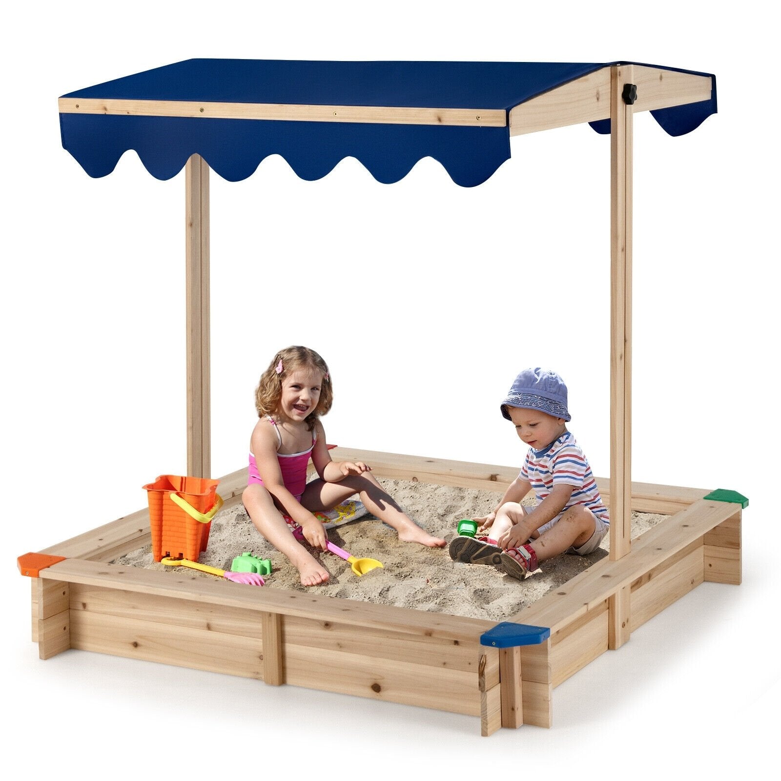 Kids Wooden Sandbox with Height Adjustable and Rotatable Canopy Outdoor Playset, Natural Sandboxes Natural at Gallery Canada