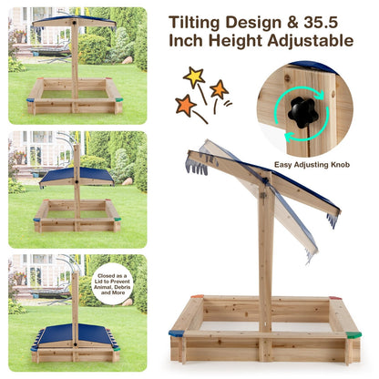 Kids Wooden Sandbox with Height Adjustable and Rotatable Canopy Outdoor Playset, Natural Sandboxes   at Gallery Canada