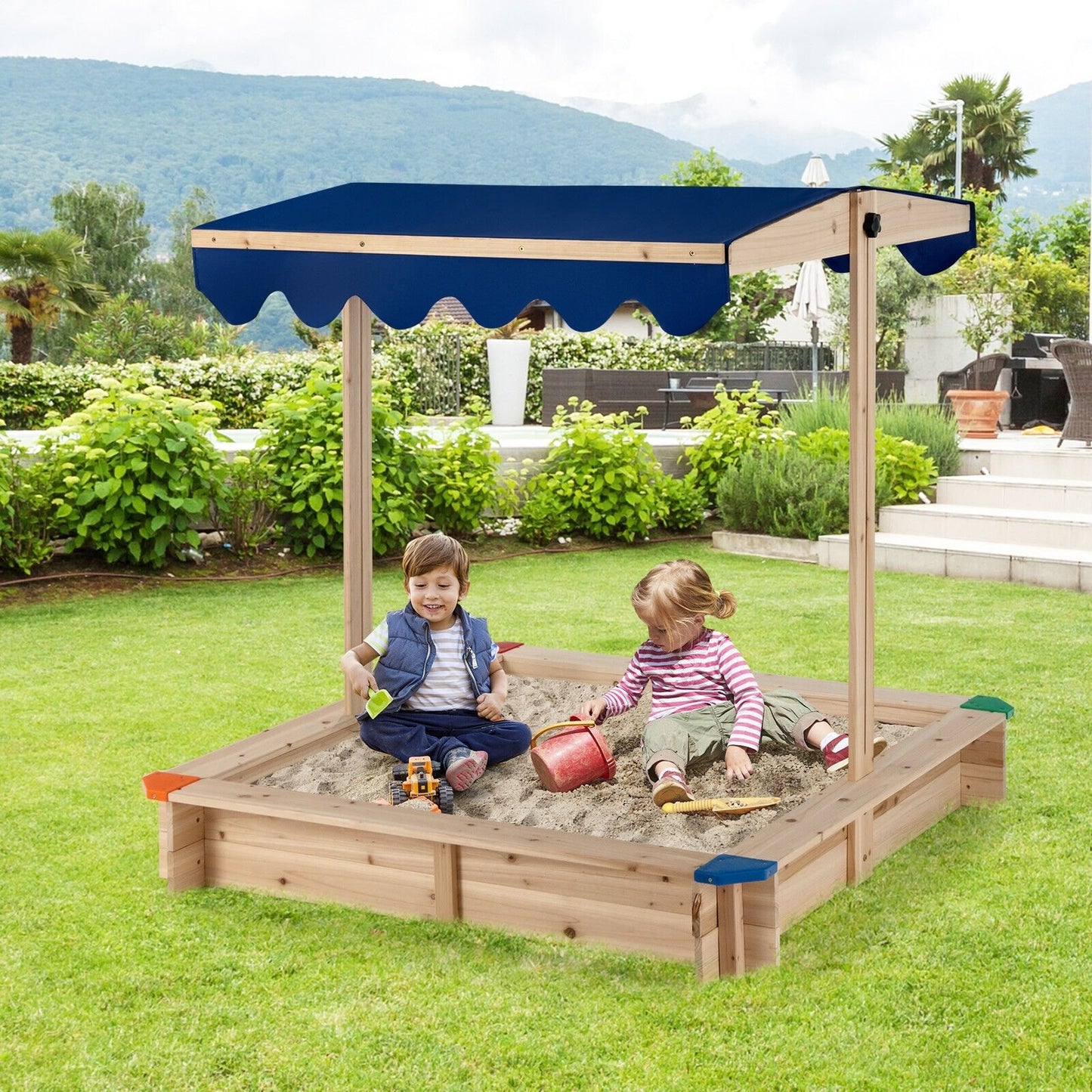 Kids Wooden Sandbox with Height Adjustable and Rotatable Canopy Outdoor Playset, Natural Sandboxes   at Gallery Canada