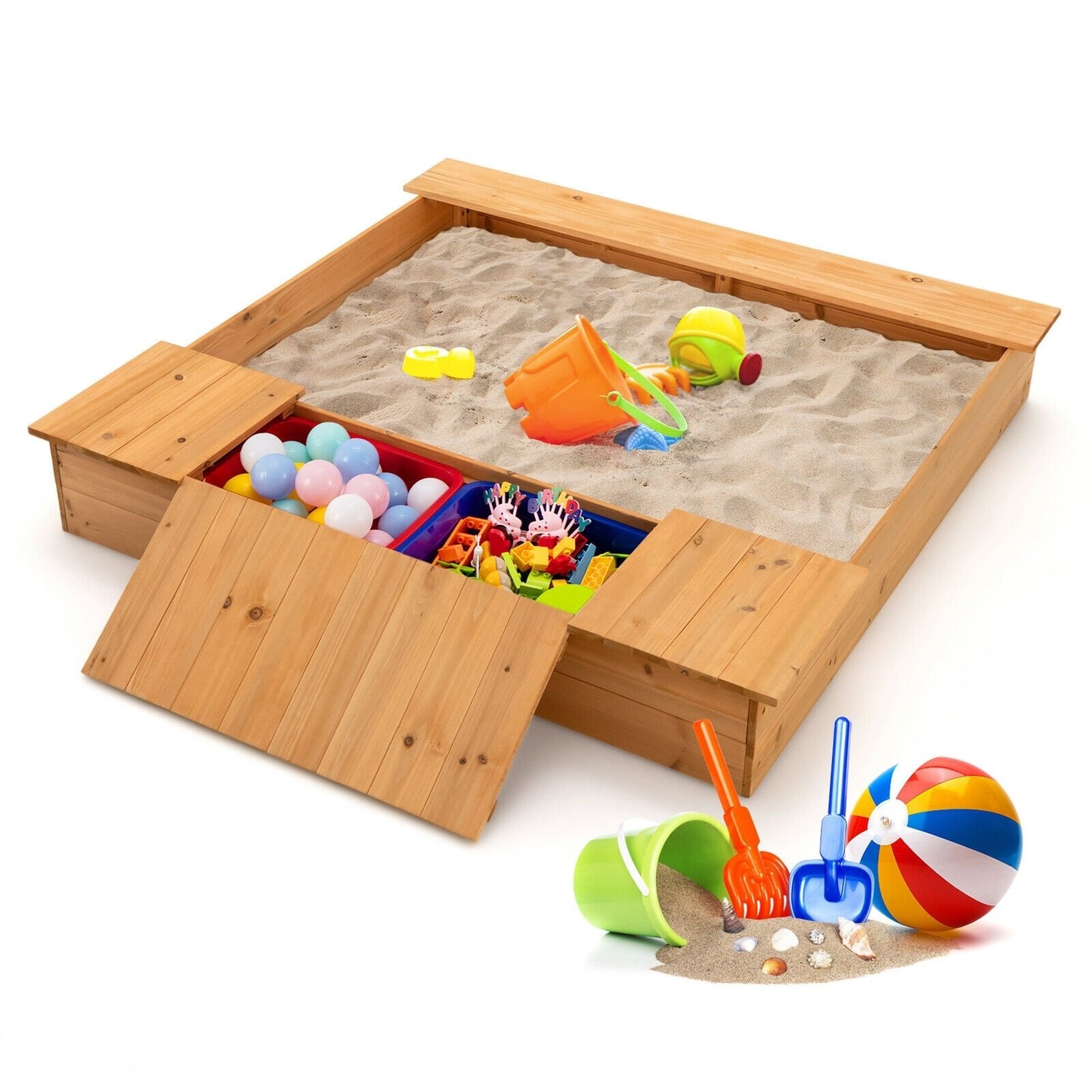 Kids Wooden Sandbox with Bench Seats and Storage Boxes, Natural Sandboxes   at Gallery Canada