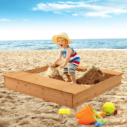 Kids Wooden Sandbox with Bench Seats and Storage Boxes, Natural Sandboxes   at Gallery Canada