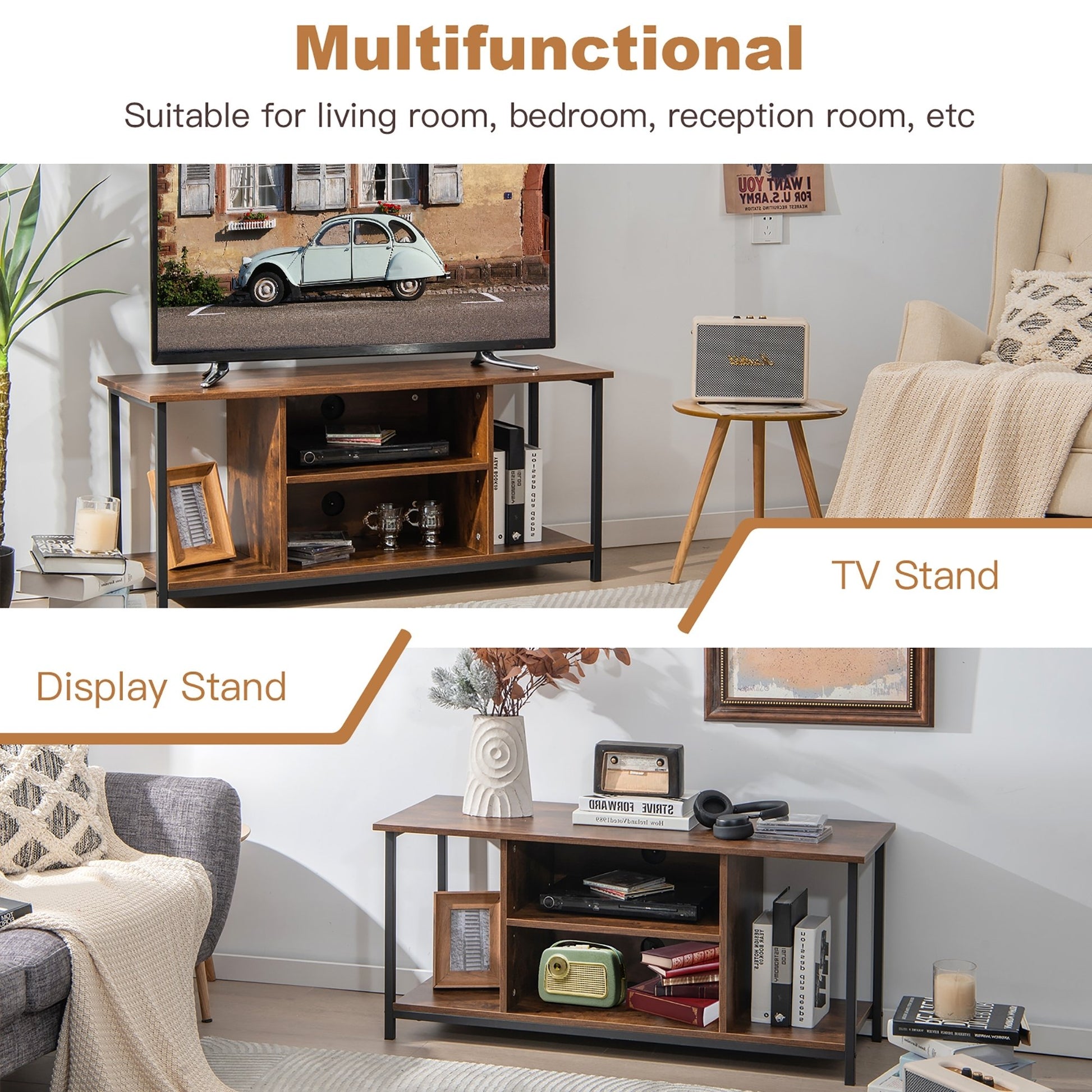 Mid-Century TV stand Media Console Table with Adjustable Shelf, Rustic Brown Entertainment Centers & TV Stands   at Gallery Canada