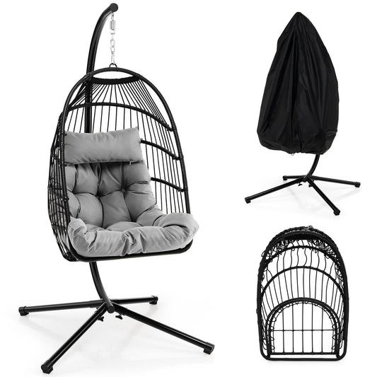 Patio Hanging Egg Chair with Stand Waterproof Cover and Folding Basket, Gray - Gallery Canada
