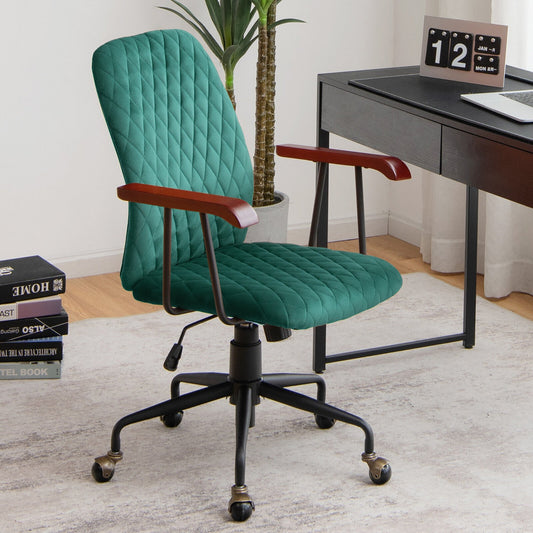 Velvet Home Office Chair with Wooden Armrest, Green Leisure Chairs   at Gallery Canada