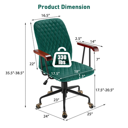 Velvet Home Office Chair with Wooden Armrest, Green Leisure Chairs   at Gallery Canada