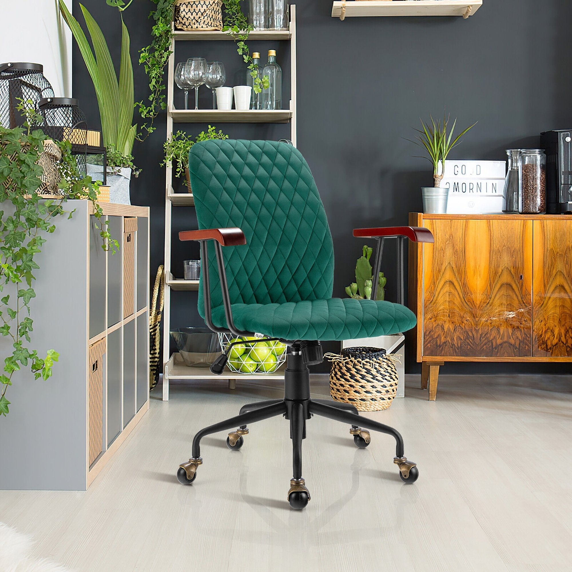 Velvet Home Office Chair with Wooden Armrest, Green Leisure Chairs   at Gallery Canada