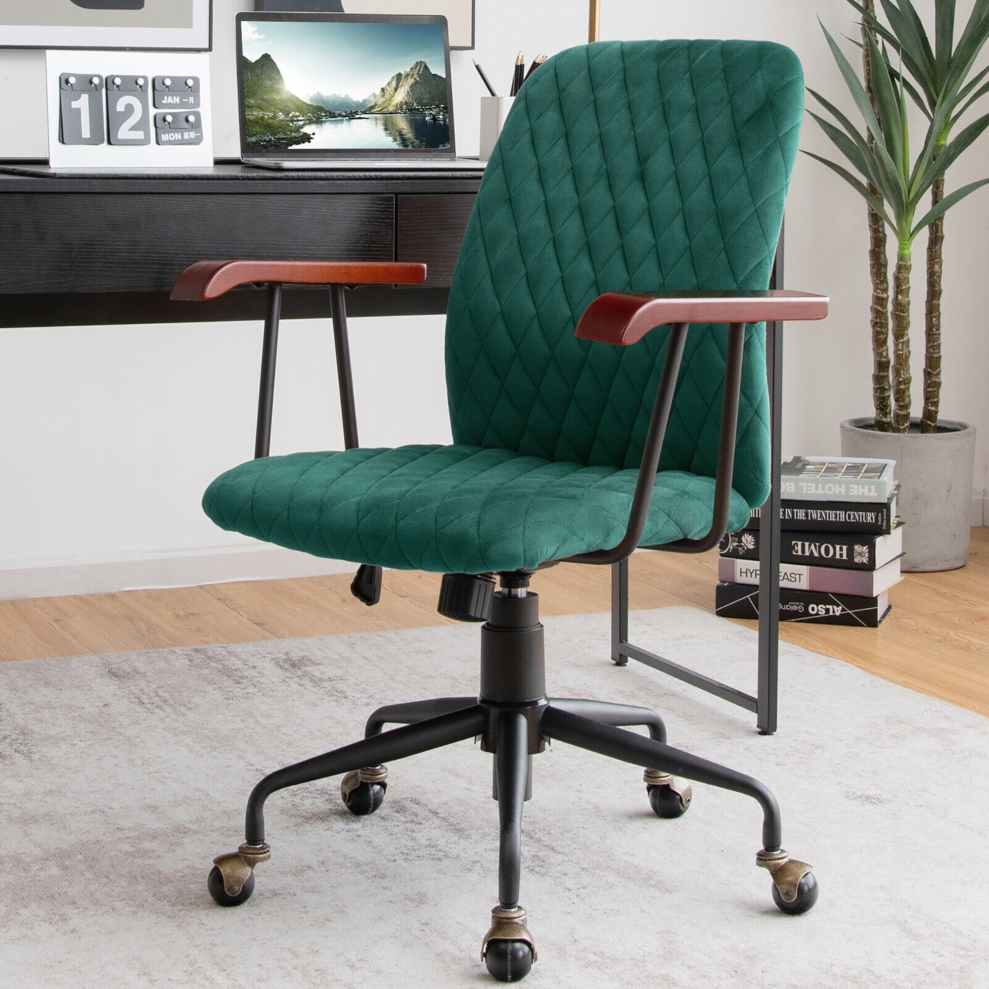 Velvet Home Office Chair with Wooden Armrest, Green Leisure Chairs   at Gallery Canada