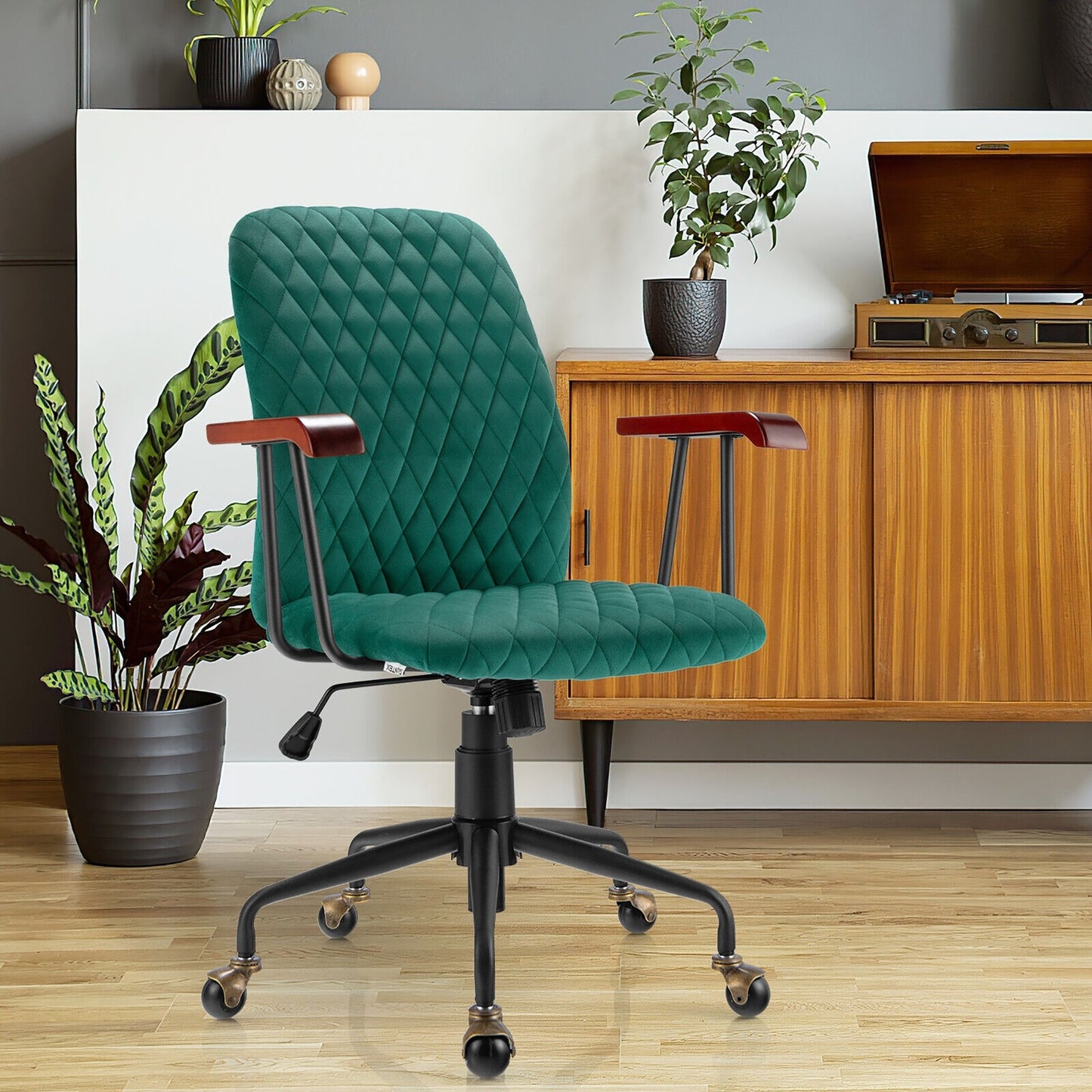 Velvet Home Office Chair with Wooden Armrest, Green Leisure Chairs   at Gallery Canada