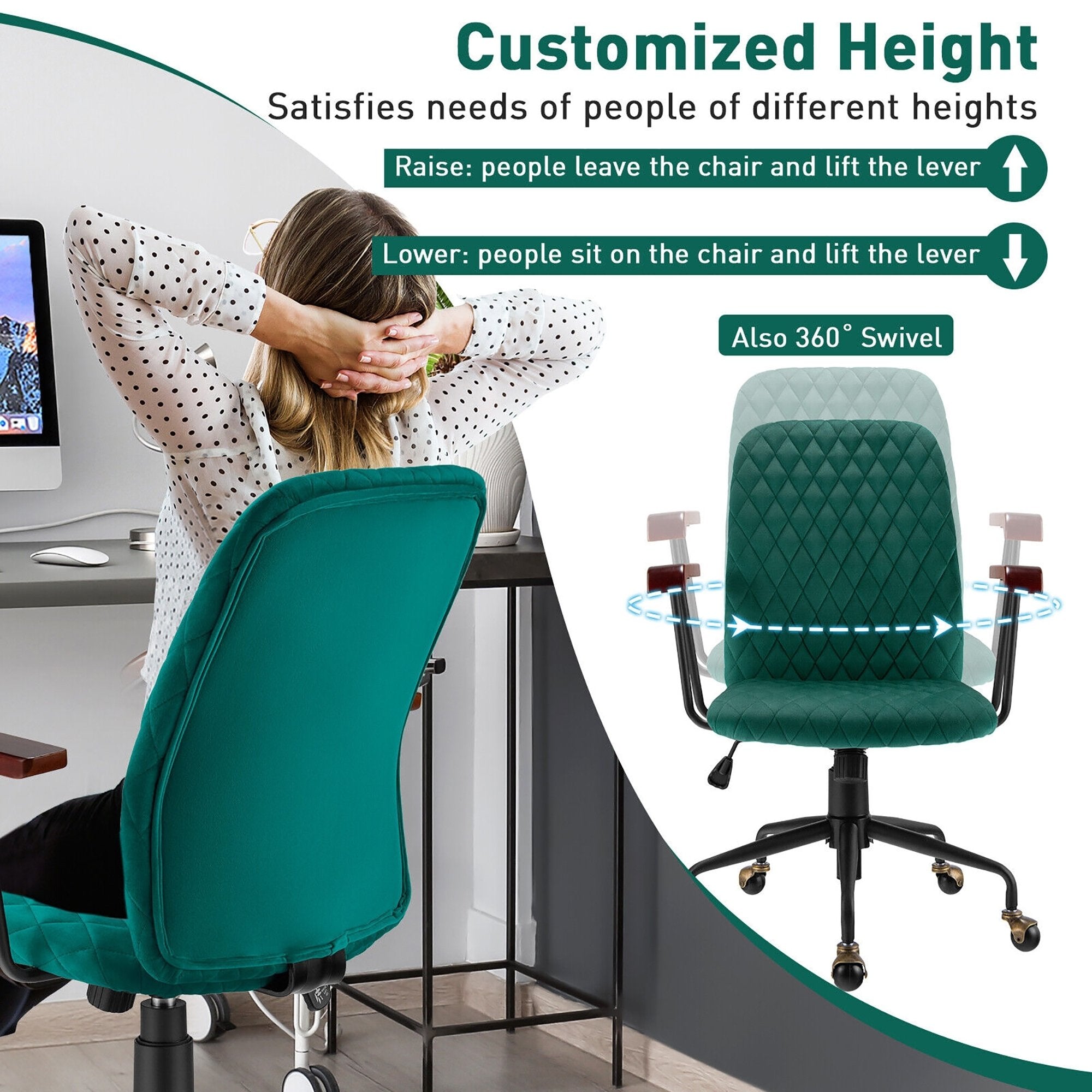 Velvet Home Office Chair with Wooden Armrest, Green Leisure Chairs   at Gallery Canada