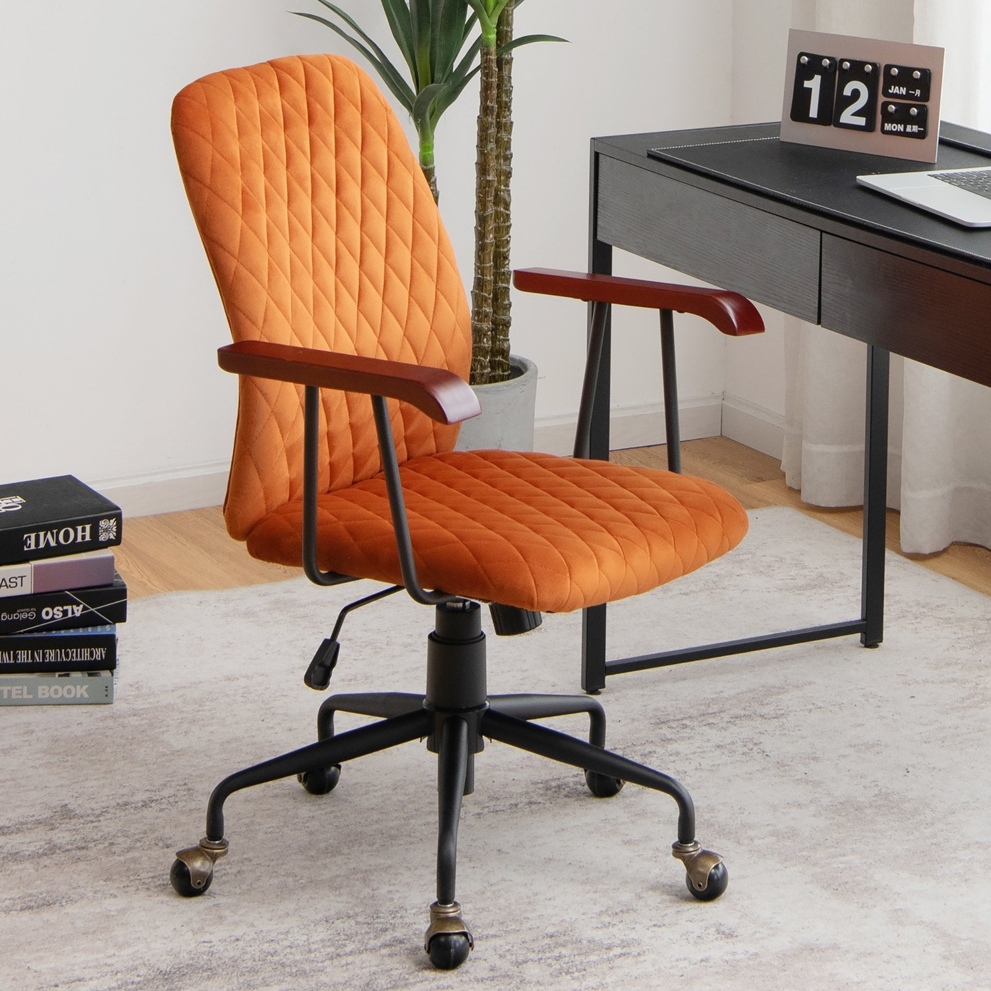 Velvet Home Office Chair with Wooden Armrest Orange, Orange Leisure Chairs   at Gallery Canada