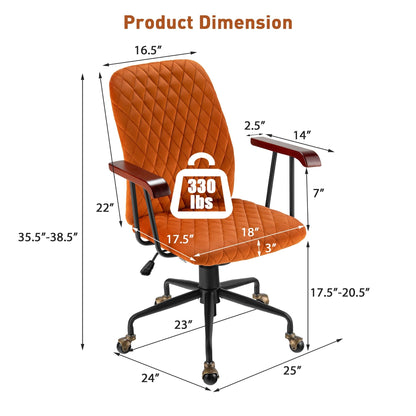 Velvet Home Office Chair with Wooden Armrest Orange, Orange Leisure Chairs   at Gallery Canada