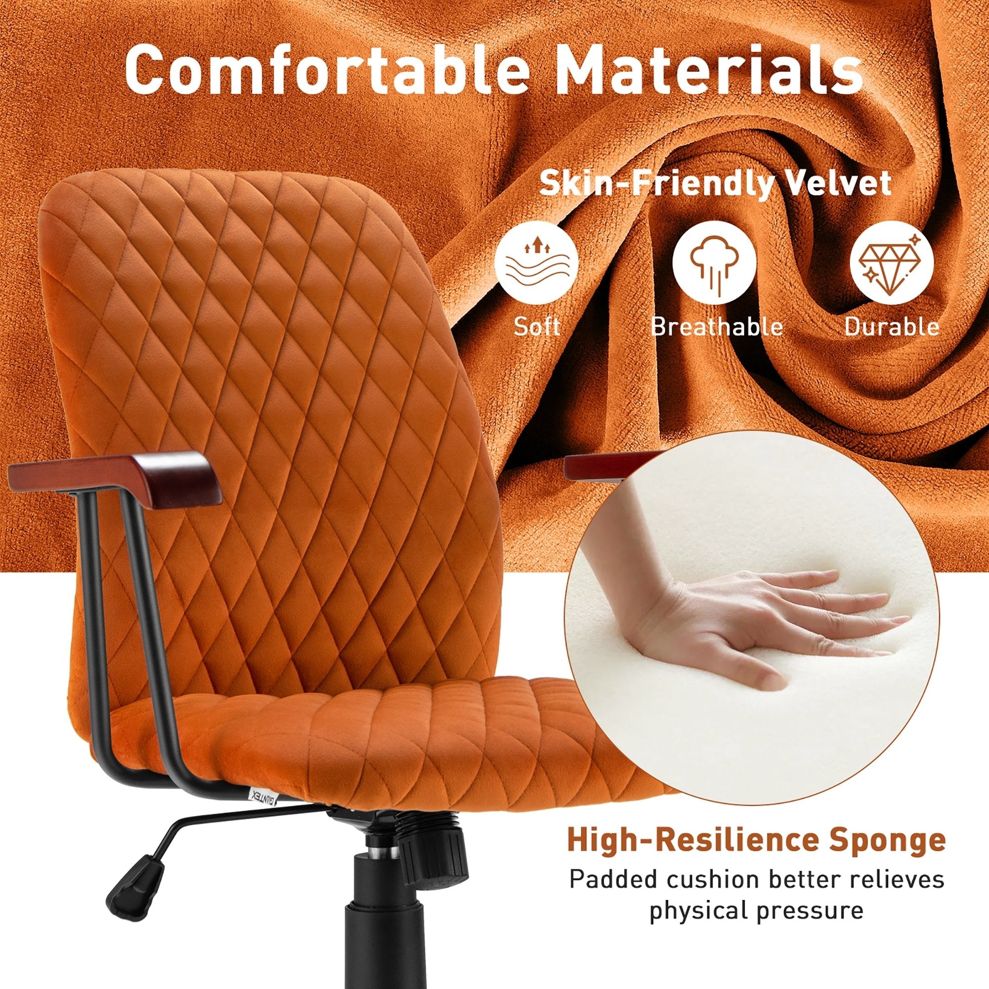 Velvet Home Office Chair with Wooden Armrest Orange, Orange Leisure Chairs   at Gallery Canada